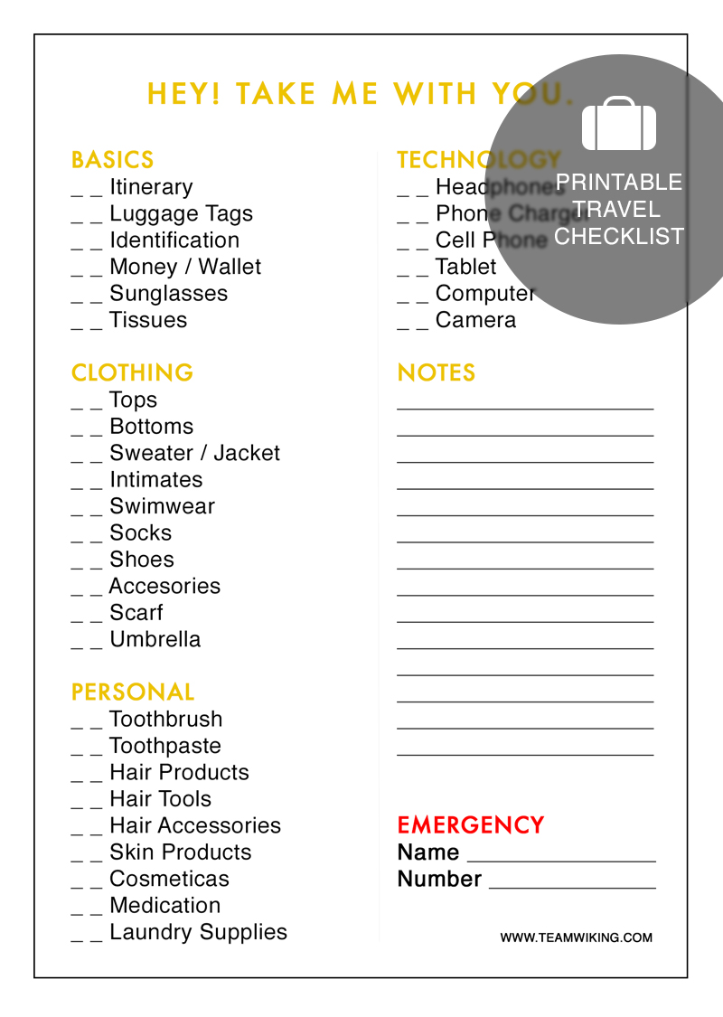 Printable Travel Checklist/Packing list at Team Wiking
