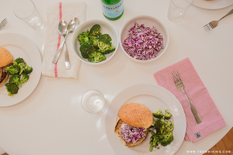 Lemongrass turkey burger with creamy asian slaw and sesame-broccoli salad.