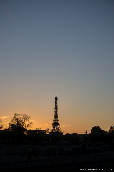 Sunset behind the Eiffel Tower in Paris, France