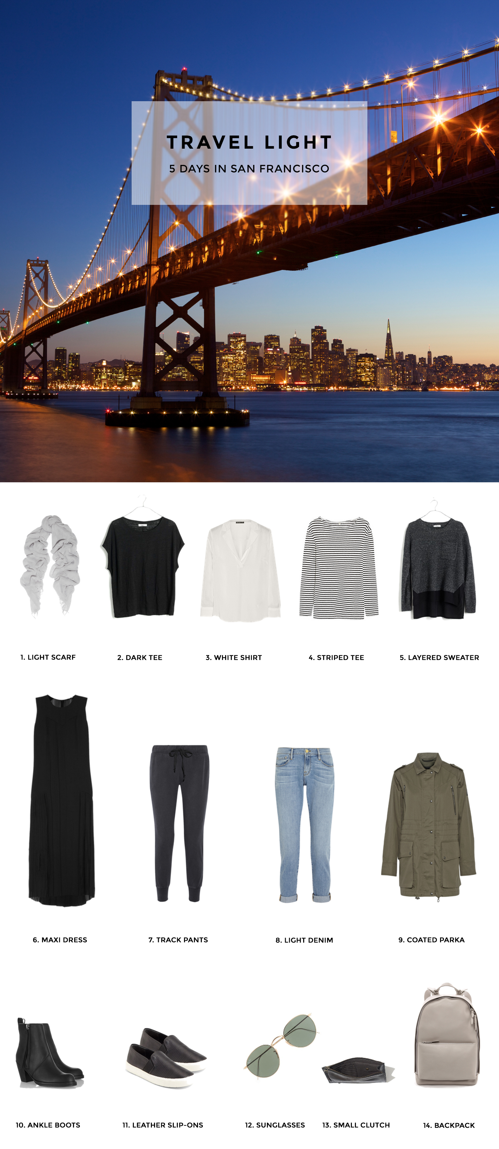 Travel Light - Pack for 5 Days in San Francisco - Includes packing list and outfits.