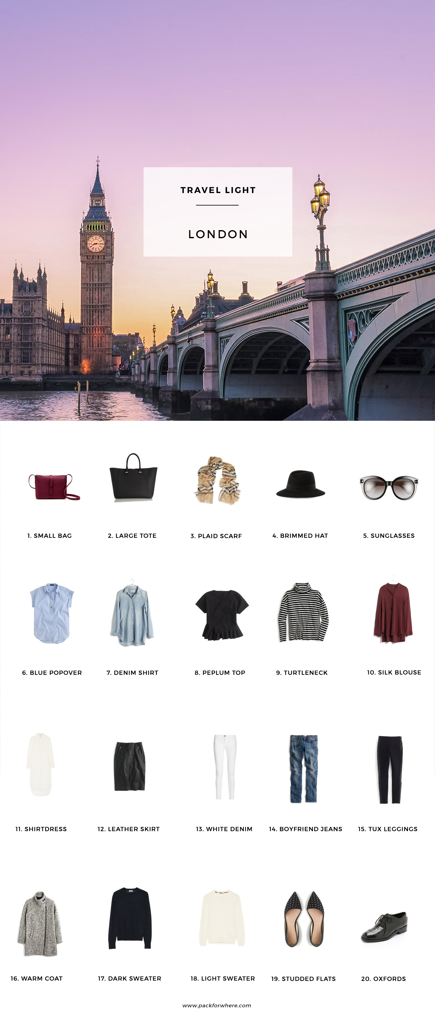 London Packing List, 20 items, 10+ outfits, 1 carryon #travellight #minimalism #capsulecloset
