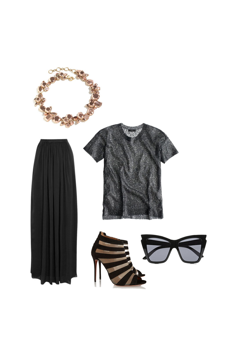 What to wear in Milan for a nice event, a long silk maxi skirt with a sequined top and strappy Aquazzura shoes.