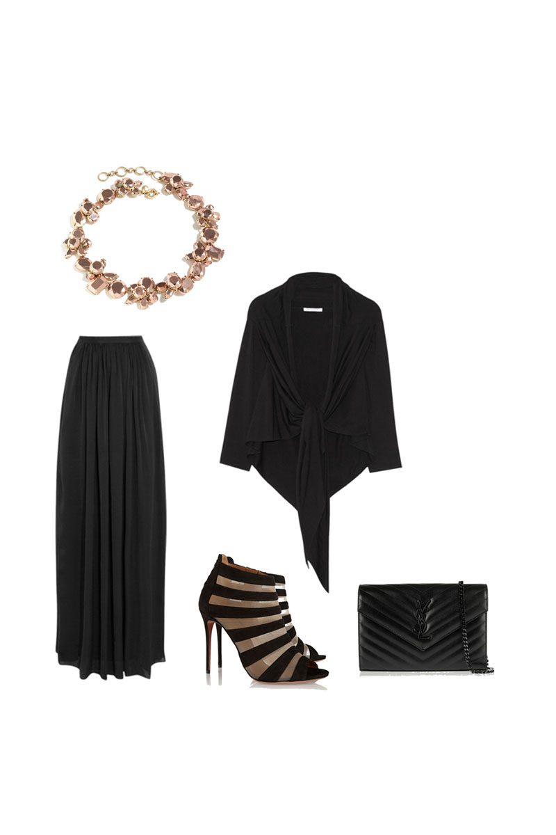 What to wear in Milan for a nice event, a long silk maxi skirt with a wrap top and strappy Aquazzura shoes.