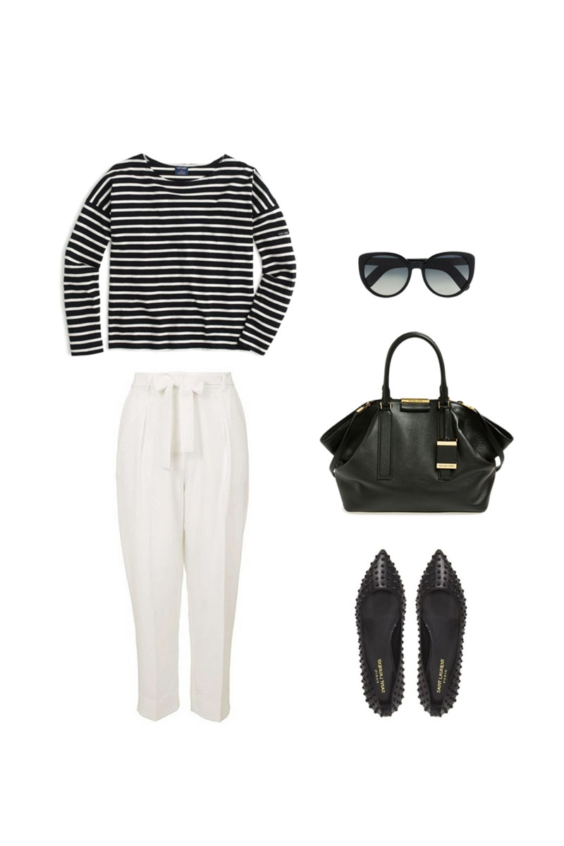 Striped top, white pants, chic accessories for Paris