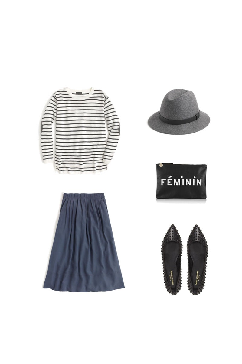 Skirt and striped top with studded flats.