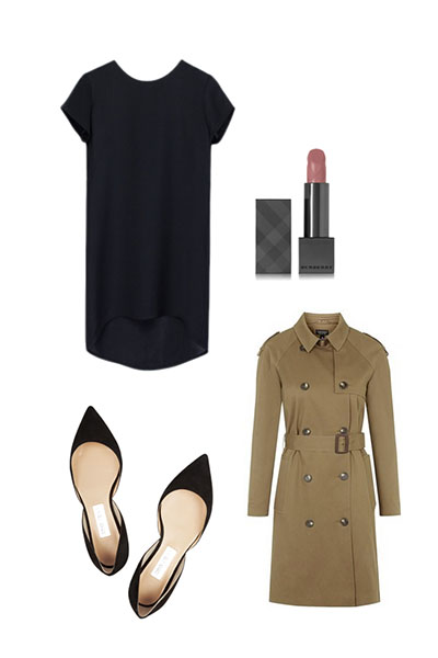 Classic night out with trench, LBD, and flats