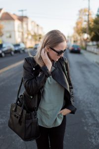 leather jacket with olive top