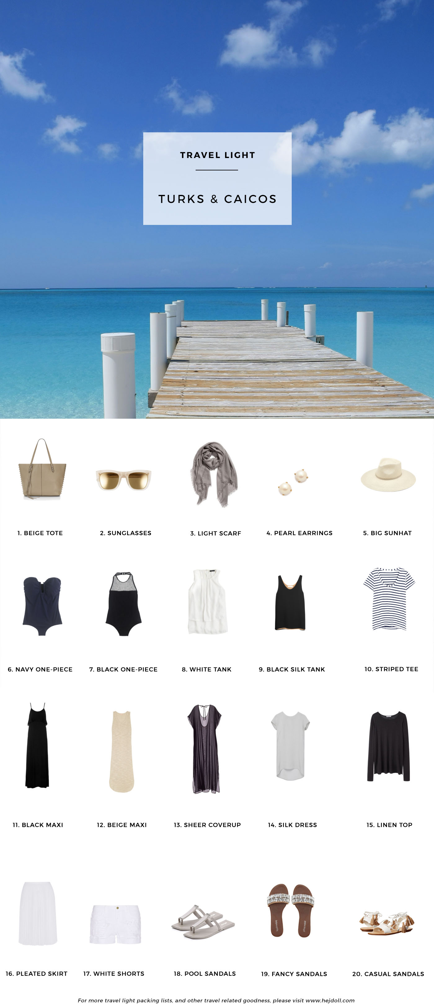 What to pack for Turks and Caicos in the Caribbean. 20 items, 10+ days/outfits, 1 carry on suitcase. #travellight #packingtips #traveltips