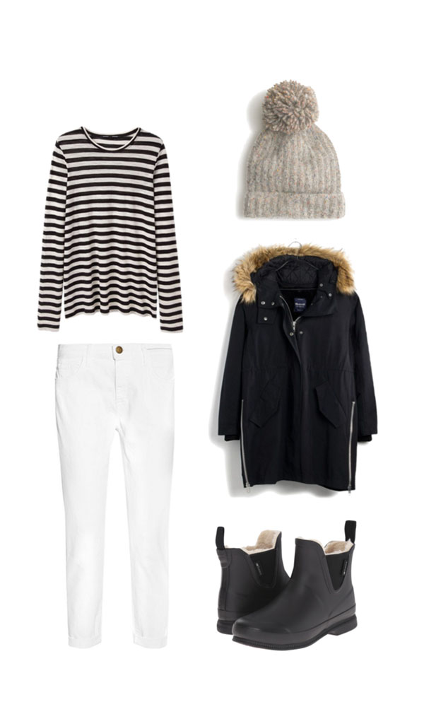 Striped outfit for a ski trip. What to pack for a Ski Trip. 20 items, 10+ days/outfits, 1 carry on suitcase. #travellight #packingtips #traveltips