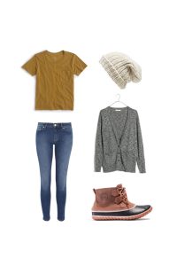 An outfit for glamping in winter. Includes full packing list. 20 items, 10+ days/outfits, 1 carry on suitcase. #travellight #packingtips #traveltips