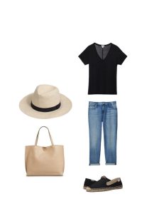 Outfit from a Spring packing list on a budget. 20 items, 10 outfits, 1 carry on, at a price that you can afford! Every item under $50.