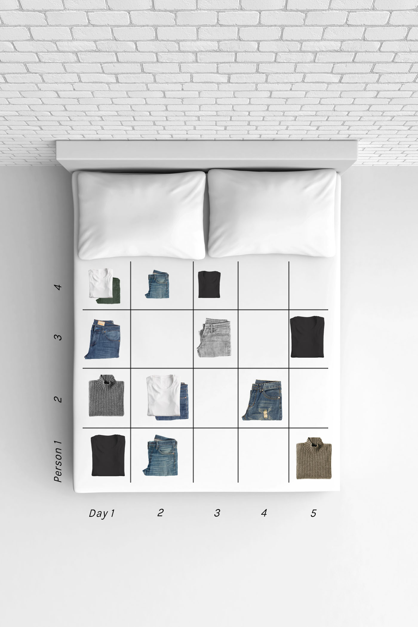 Travel light grid system, an easy and visual way to pack light for any amount of days and any amount of people.