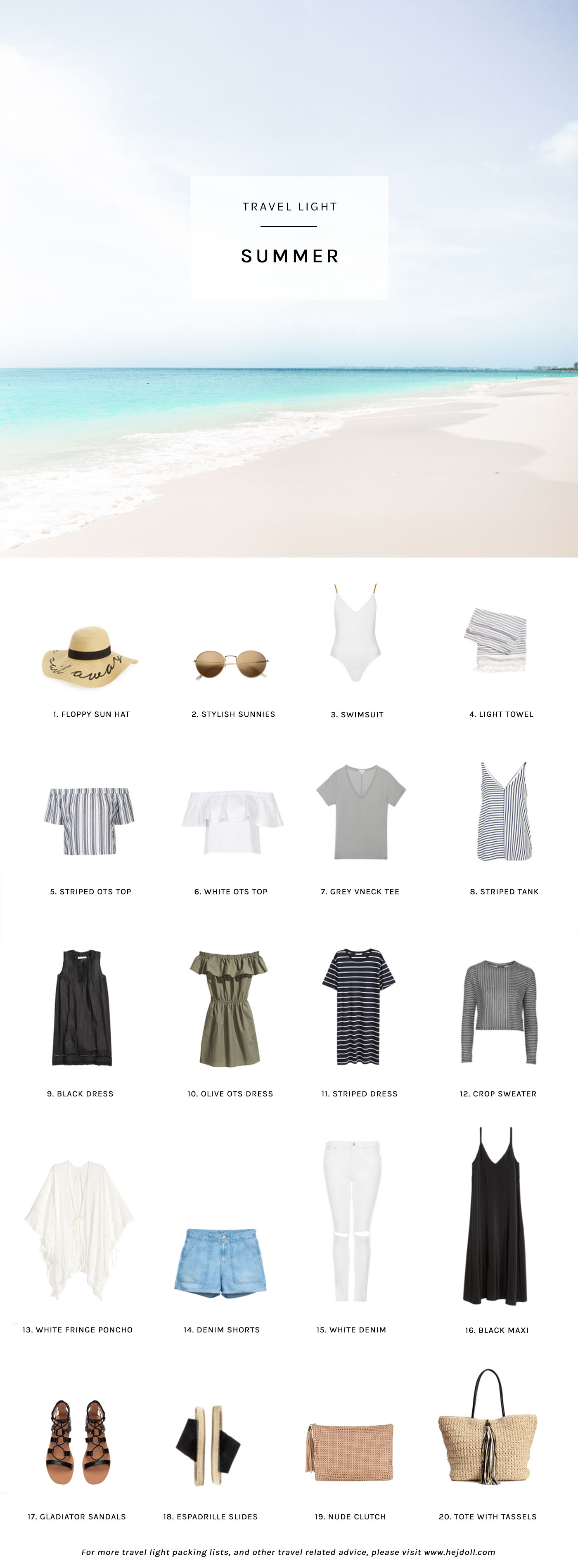 Summer packing list on a budget. 20 items, 12 outfits, 1 carry on, at a price that you can afford! Every item under $50.