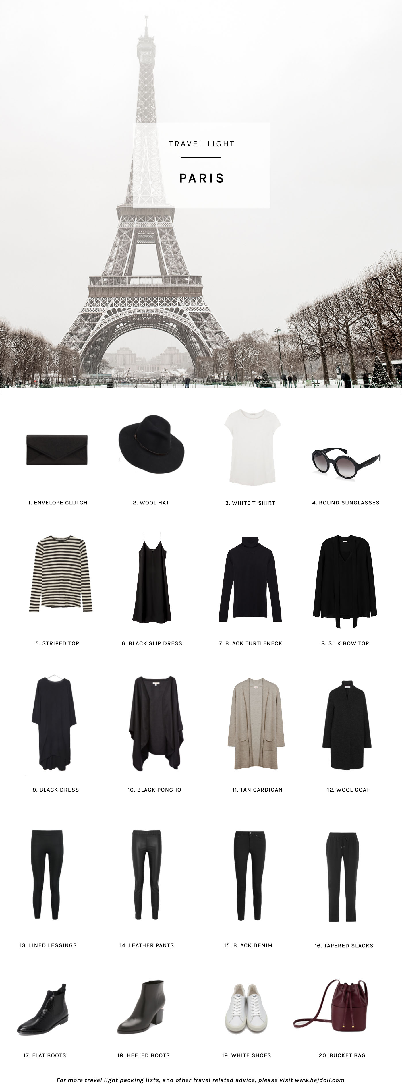 Travel Light - Pack for Winter in Paris. 20 items, 10 outfits, 1 carry-on.