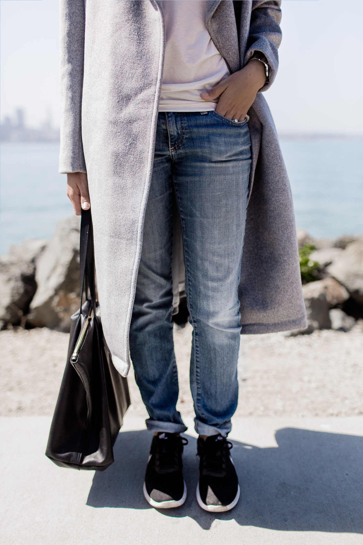 Winter outfit with gray wool coat and nike shoes