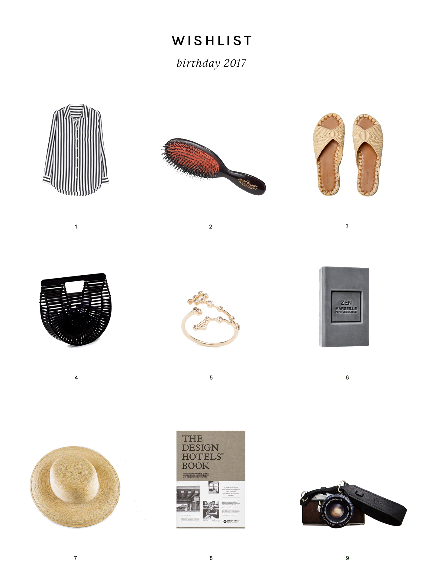 My Birthday 2017 wishlist, featuring Everlane, Mason Pearson, Carrie Forbes, Cult Gaia, Lulu Frost, MyHappySoaps, Nona Vintage, Design Hotels, Tether Straps.