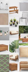 Modern tropical outdoor moodboard, featuring warm woods, tropical foliage and a paver grid patio with succulents in between