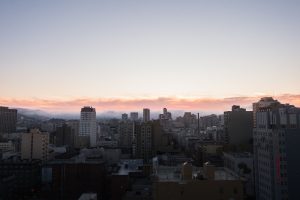 Sunset views from the Clift hotel in San Francisco, California