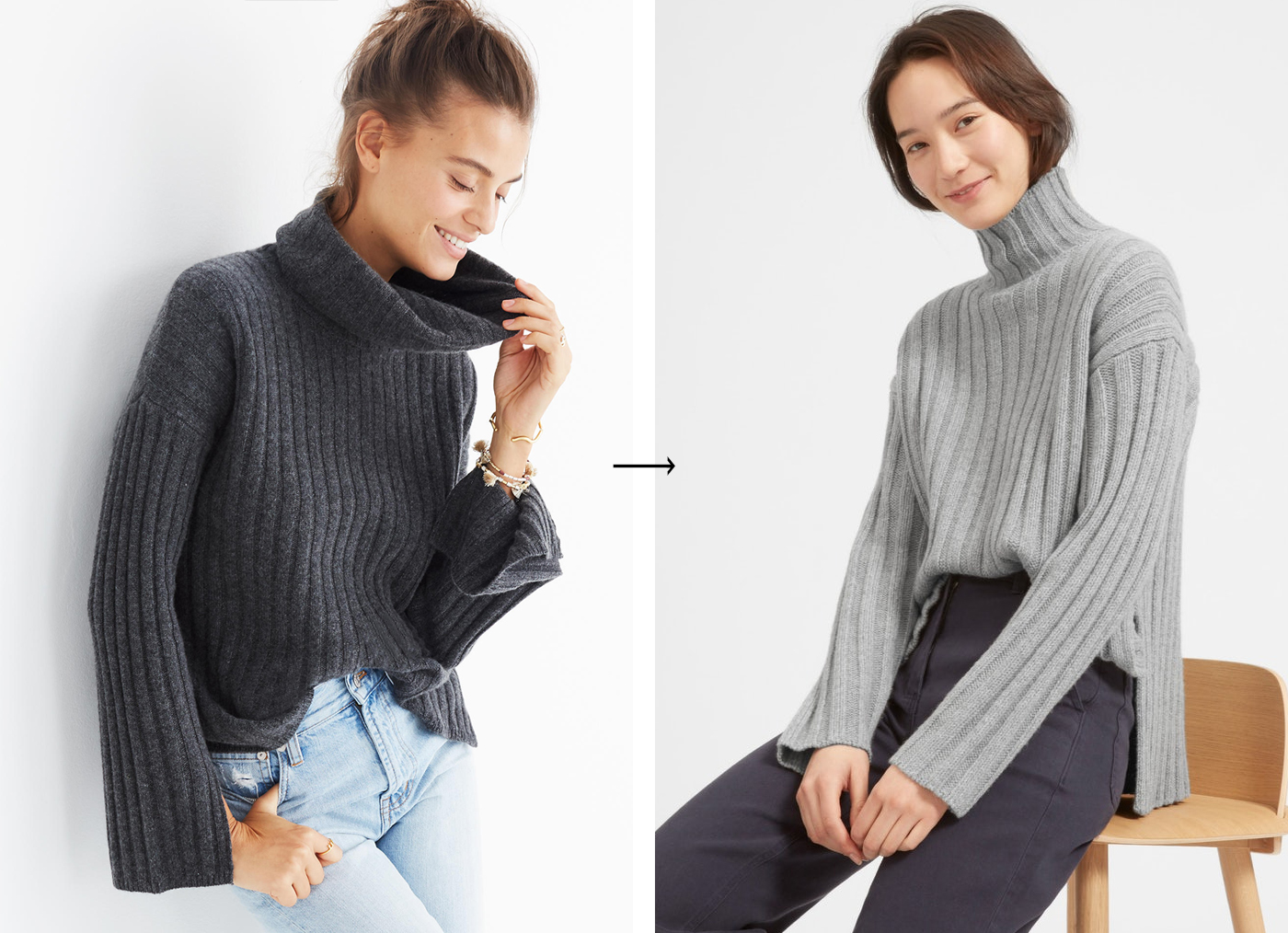Feel Good Winter Wardrobe Swaps - Madewell Slit-sleeve Turtleneck Sweater / Everlane Ribbed Oversized Turtleneck.