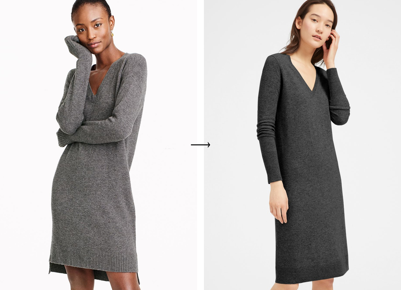 Feel Good Winter Wardrobe Swaps - Madewell Long-Sleeve Sweater Dress / Everlane Cashmere V-Neck Midi Dress